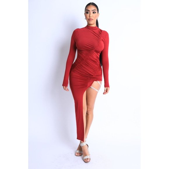 Women Asymmetric Ruched Rhinestones Double Strapped Long sleeve Dress Club Party - Picture 7 of 11
